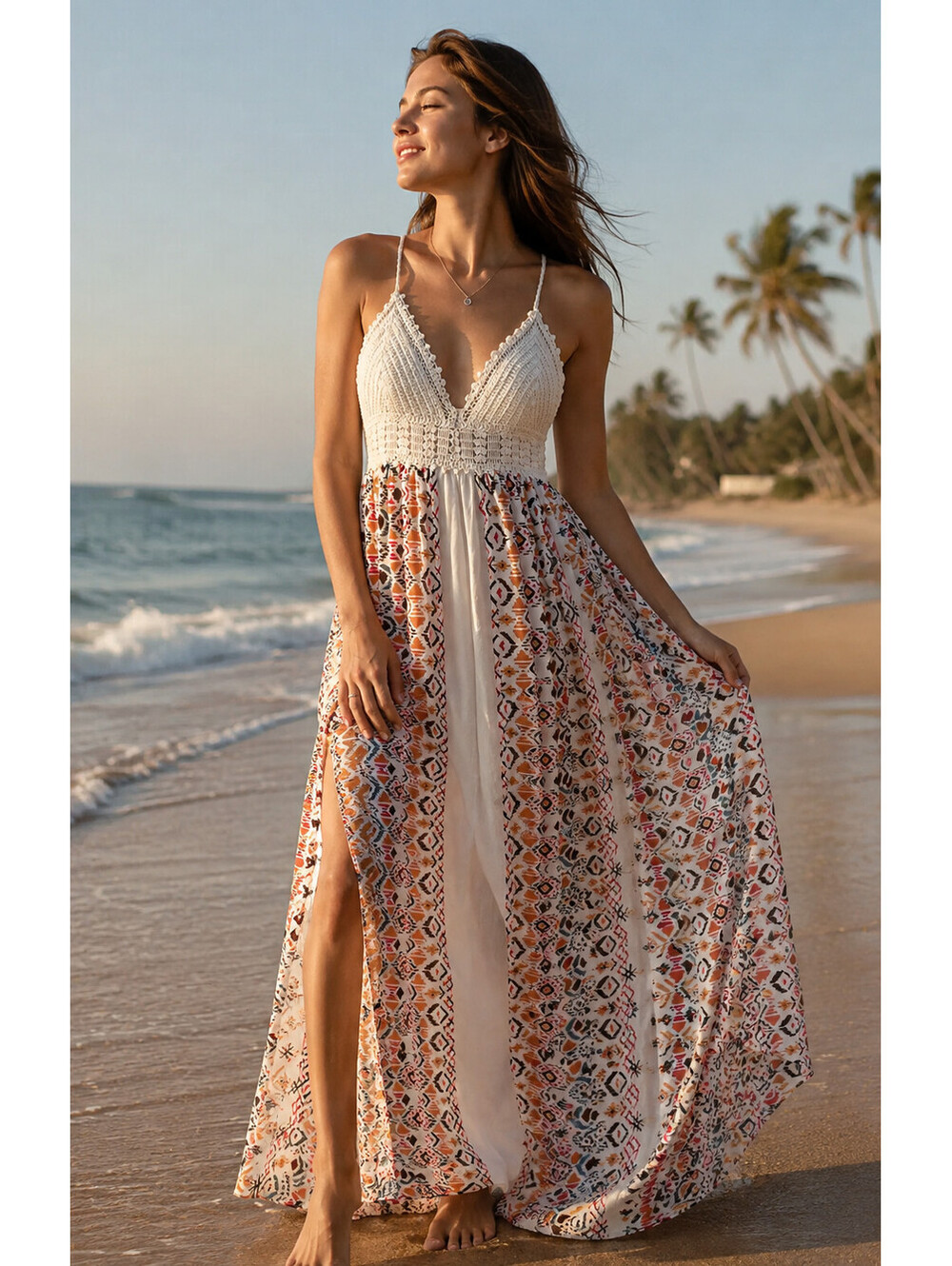 Hem & Thread Boho Crochet Maxi Dress, White Aztec Print, Rayon, L, Sleeveless